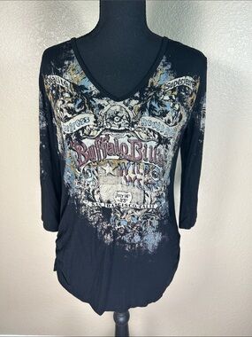 Buffalo David Bitton Black Distressed Graphic V-Neck Long Sleeve Tee Size Large
